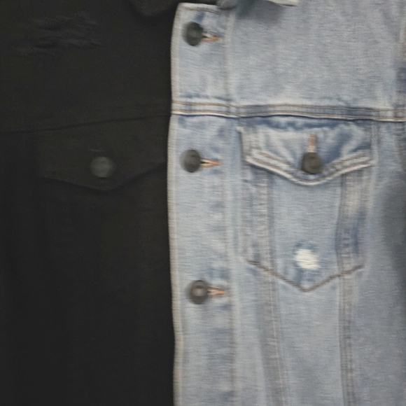 Rue 21 Unisex Small Destressed Color Block Black & Blue 100% Cotton Demin Jacket - Picture 8 of 13